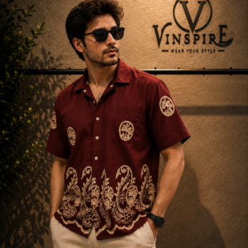VINSPIRE Burgundy Embroidered Cotton Casual Shirt for Men