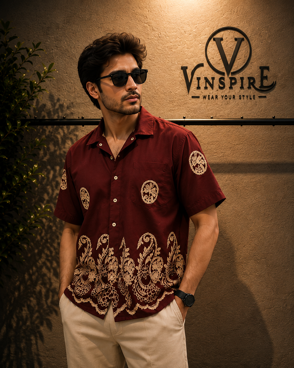 ChatGPT Image Aug 30, 2026, 05_36_00 PM VINSPIRE Burgundy Embroidered Cotton Casual Shirt for Men