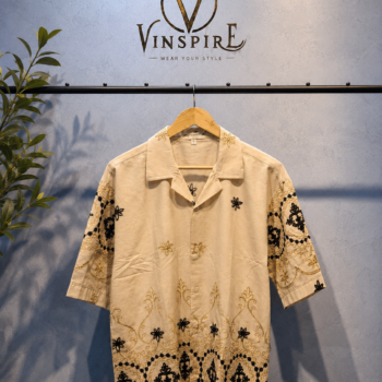 VINSPIRE Ivory Embroidered Cotton Resort Shirt