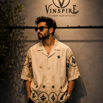 Men wearing VINSPIRE Ivory Embroidered Cotton Resort Shirt