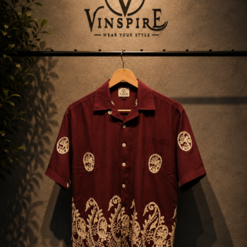 VINSPIRE Burgundy Embroidered Cotton Casual Shirt