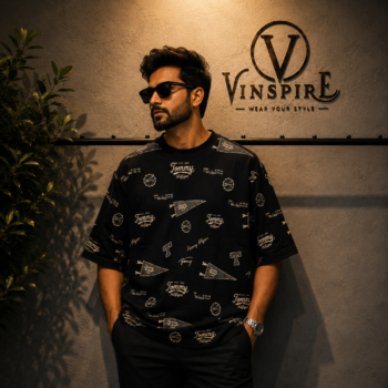 VINSPIRE black printed cotton t-shirt for men