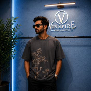 VINSPIRE deep slate blue oversized nature graphic T-shirt for men